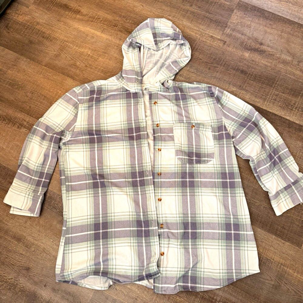Eden & Olivia Womens Plaid Hooded Flannel Button-Down Shirt L Pockets